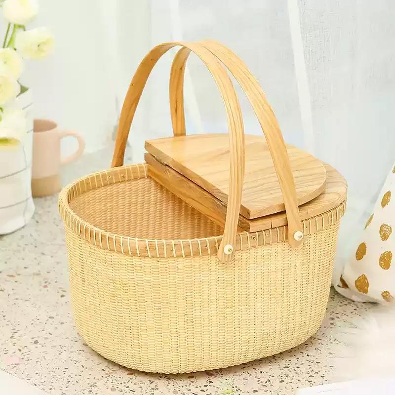 Natural Rattan Storage Box Double Open Lid Shopping Basket Multifunctional Vegetable Container Outdoor Convenience Picnic Basket