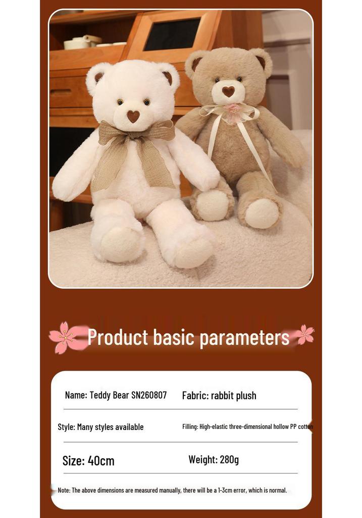 Adorable Ribbon Teddy Bear Plush Toy - Soft Hugging Pillow for Girls
