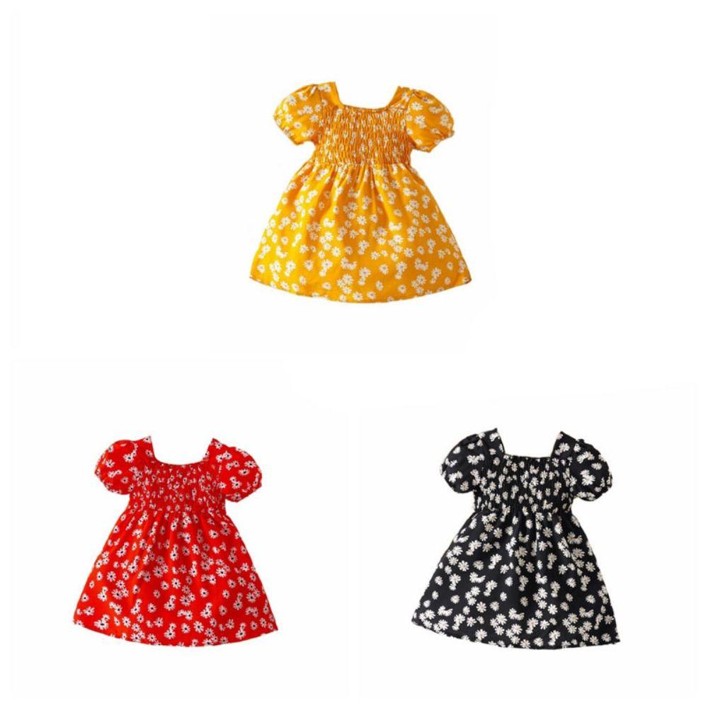 Square Collar Summer Flower Dress Puff Sleeve Toddle Dress Baby Girls Princess Dress  Summer