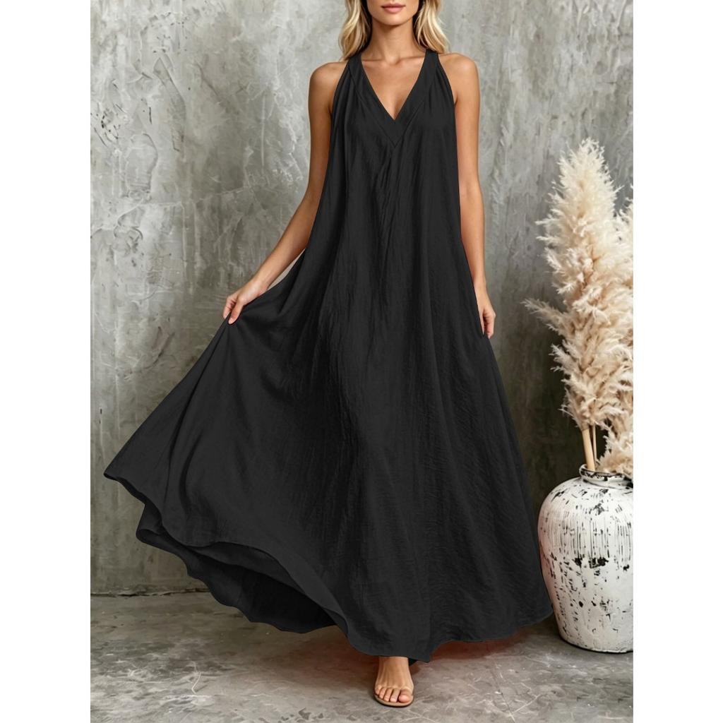 Plus Size Women's Summer Solid V-neck Flowy Maxi Dress Vacation Beach Dress for TikTok Independent Station