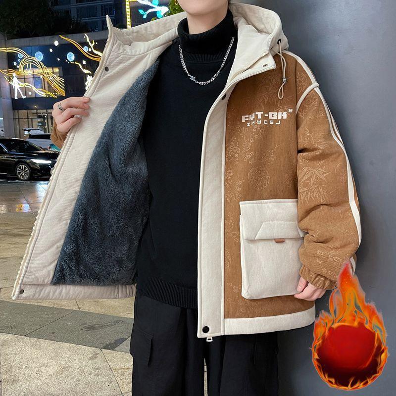 Winter Fleece-lined Thickened Jacket Men's New Fashion Cold-proof Warm Youth Hong Kong Style Tooling Large Pocket Cotton-padded Jacket