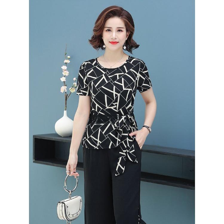 Elegante Sommerbluse für Damen Mode Kurzarm-Oberteil für Damen mittleren Alters und ältere Mütter