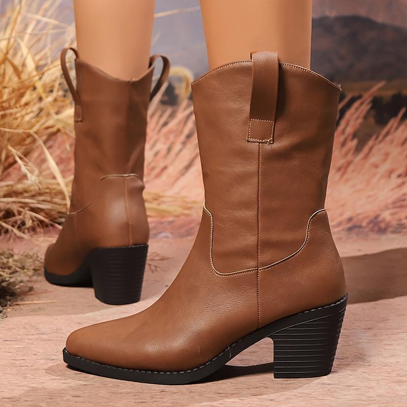 Fashion 2025 Black Thick Heel Western Boots Women Plus Size 36-43 Pointed Toe Ankle Boots Woman Autumn Winter Slip On Cowboy Botas Mujer
