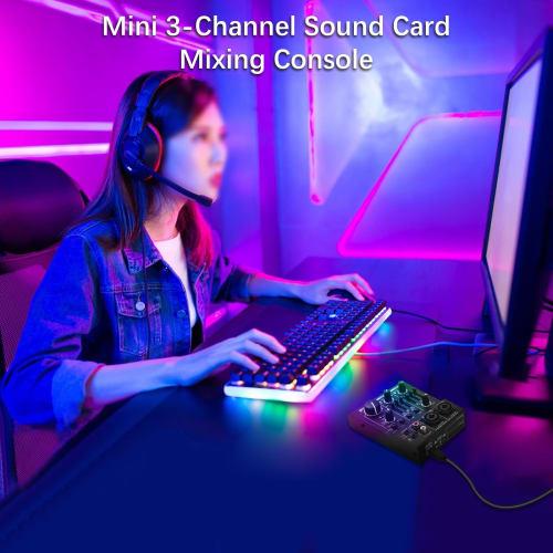 2-Channel USB DJ Mixer with EQ Phantom Power Compact Sound Card Audio Mixer Board for Live Performance and Recording