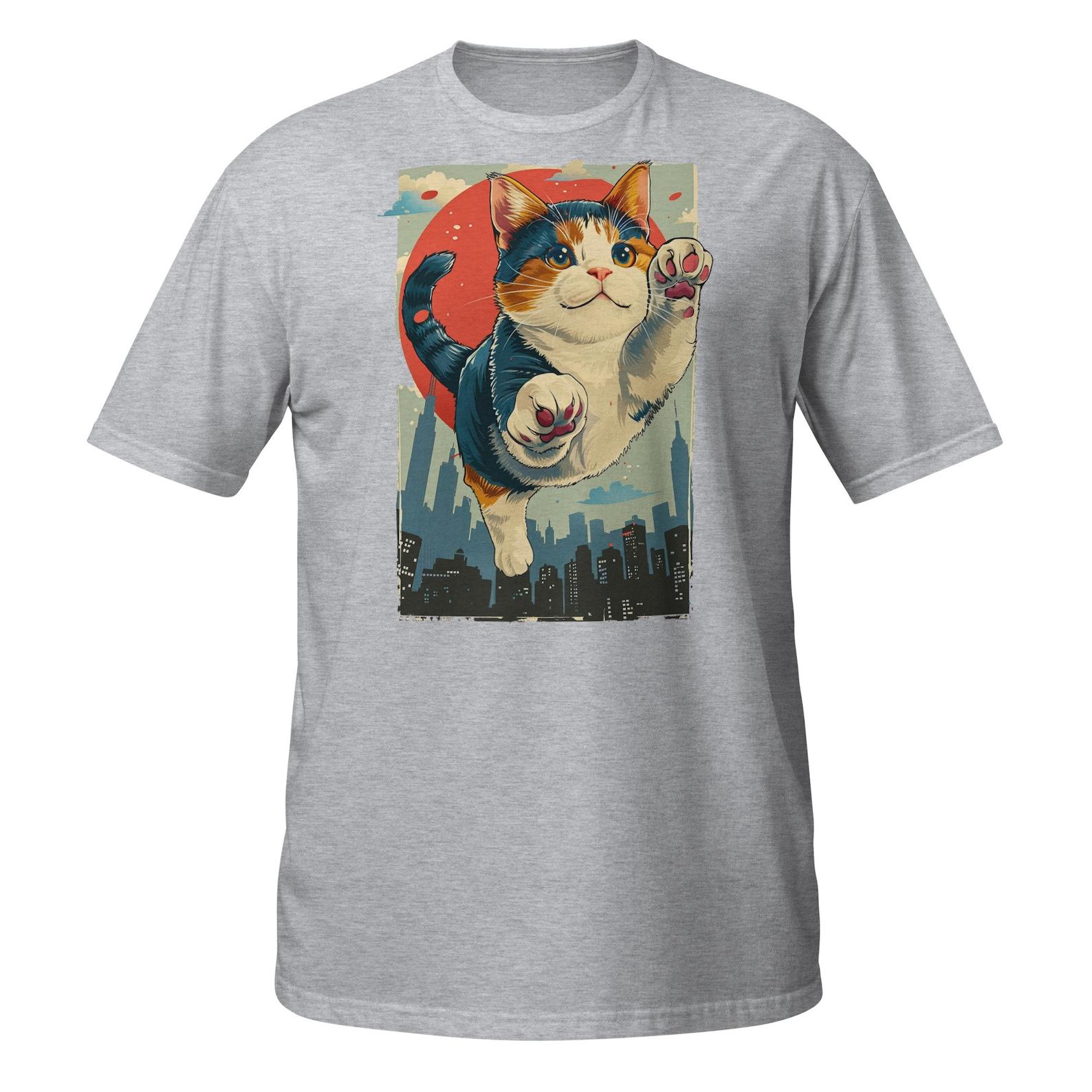Superhero Cat T-Shirt: Flying Kitty Cityscape Graphic Tee S