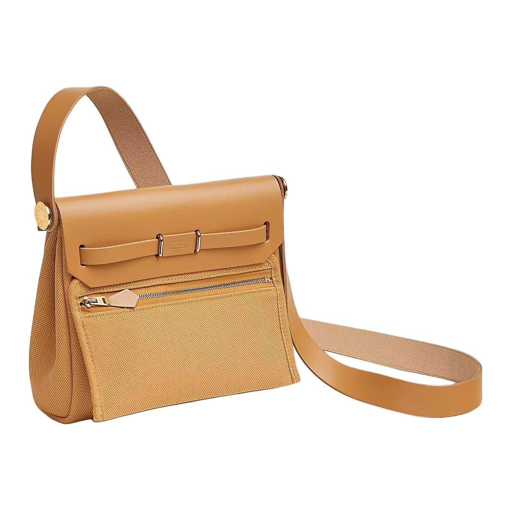 HERMES Herbag Zip Militaire Canvas With Hunter Cow Leather Shoulder Bag 20 Unisex 4B Biscuit Cookie H086430CCAO