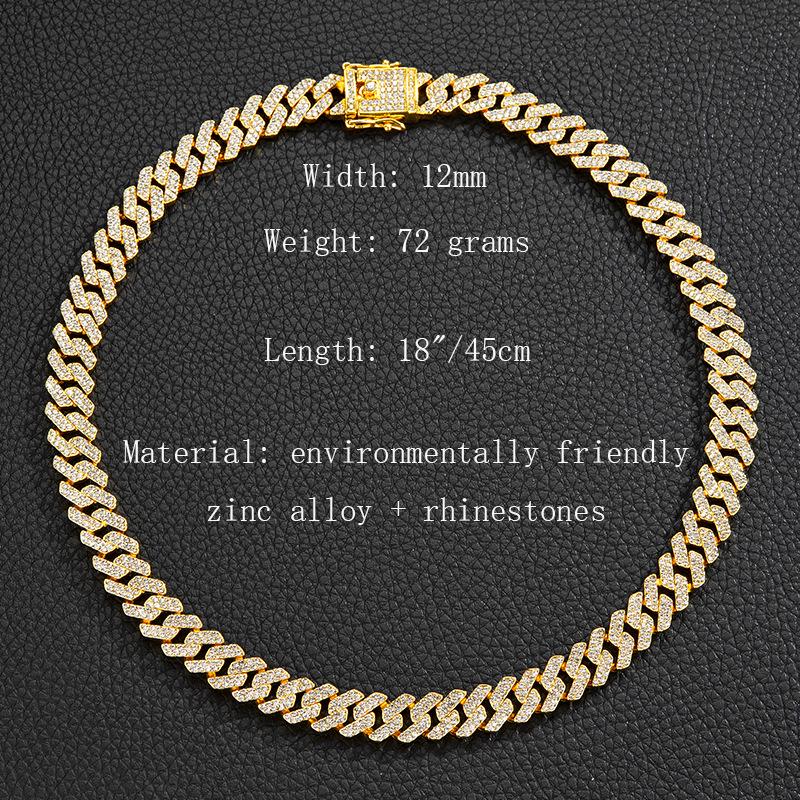 12mm Full Diamond Hip Hop Necklace: Men's Punk Retro Ins Style Exclusive