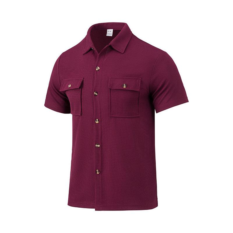 Summer European and American men's waffle short-sleeved casual solid color lapel button-up pocket tooling shirt