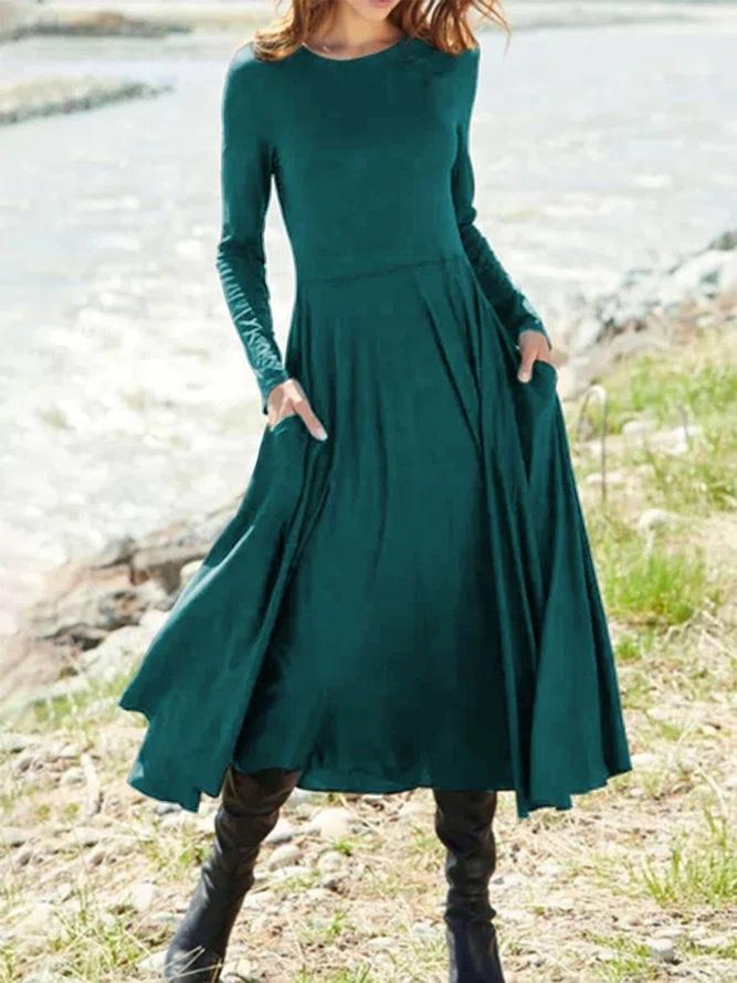 Women'S New European And American Wish Long-Sleeved Crew Neck Solid Color Long Women'S Dress