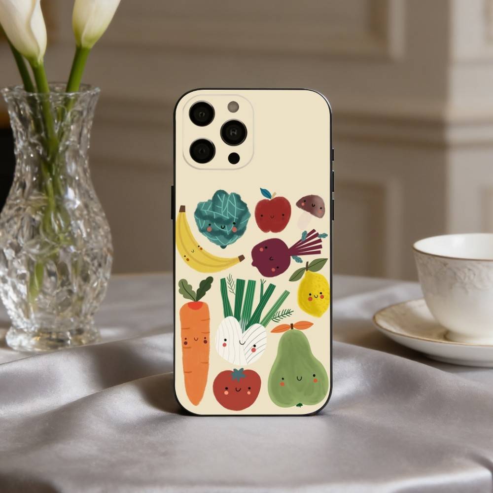 INS CUTE Organic Vegetable Phone Case For iPhone 17,16,15,14,13,12,11 Plus,Pro Max,XS,Soft Silicone Black Cover
