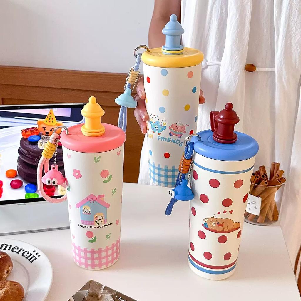 Cartoon High-value Straw Thermos Cup for Girls, Convenient Handle with Small Pendant 316 Stainless Steel Cute Accompanying Cup