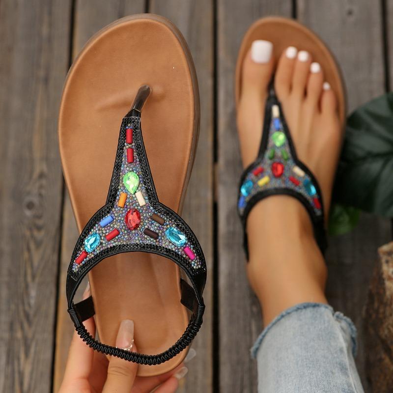 Summer new flat-bottomed pinch rhinestone sandals women
