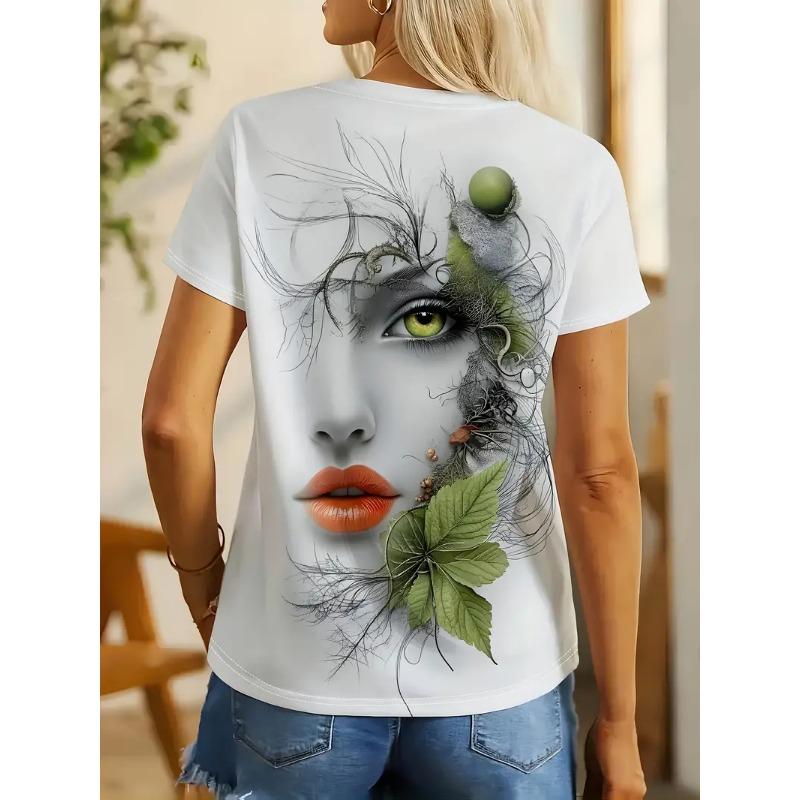 Summer T-shirt Ladies Abstract Art Portrait 3d Printing Fashion Casual Tops Contrast Color Design Women's Clothing