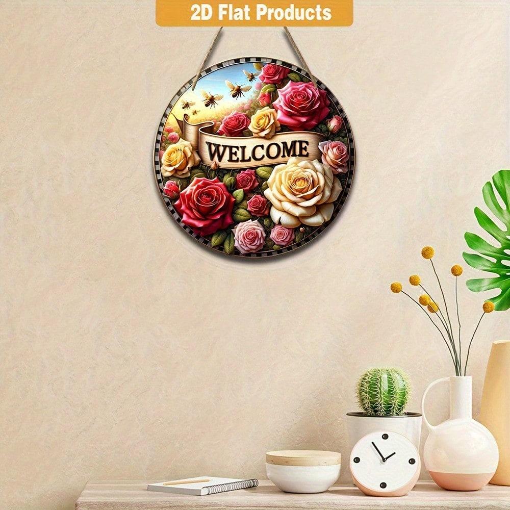 Vintage Welcome Sign Floral Wreath Round Rustic Wall Art Home Garden Farmhouse Decor