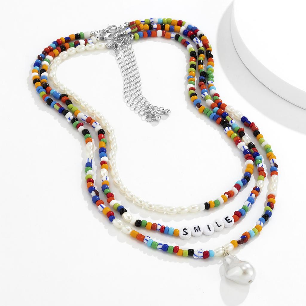Bohemian Style Irregular Pearl Letter Multi-layer Combination Stacked Colorful Rice Bead Necklace for Men