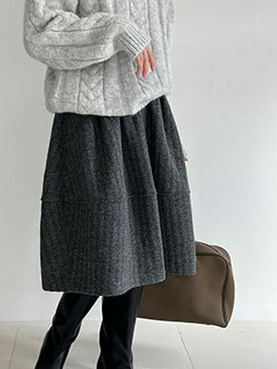 Lu Xi Women's Korean Semi-Elastic Wool A-Line High-Waisted Umbrella Skirt - Autumn/Winter Bud Shape