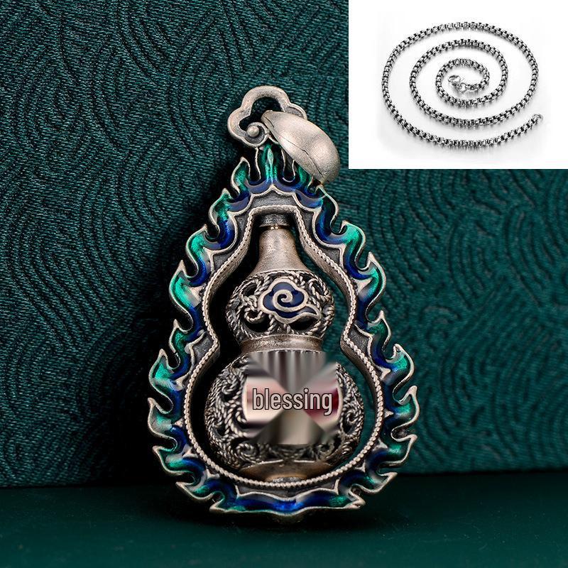 Retro Ethnic Style Women's Sterling Silver 999 Fu Character Enamel Filigree Pendant Necklace