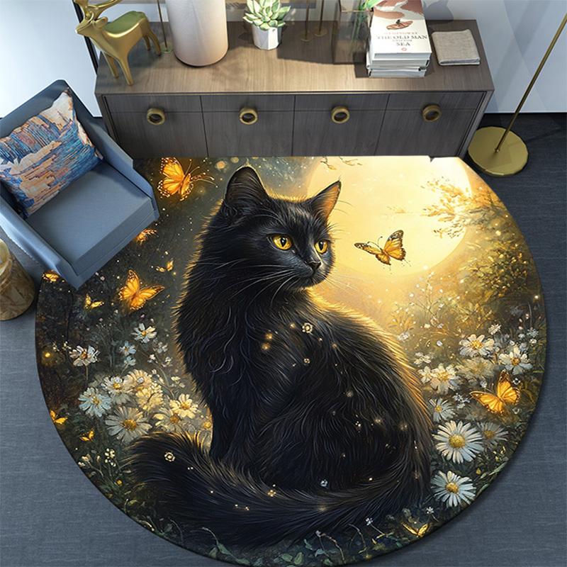 Black Cat Round Area Rug,Carpet Rug for Living Room Bedroom Sofa Playroom Decor,Non-slip Floor Mat