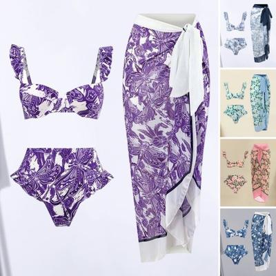 3Pcs/Set Mulheres Biquíni com Praia Cover-Up Saia Estilo Bohemia Ruffle Manga Bandeau Sutiã Cintura Alta