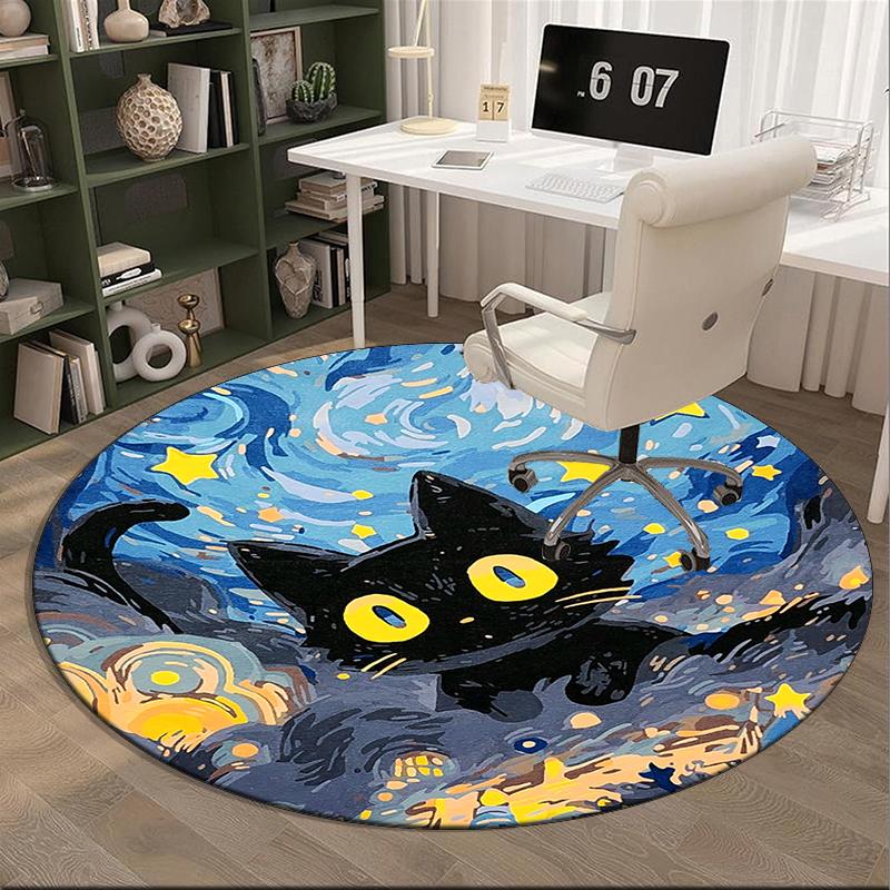 Starry Night Cat Round Carpet Chair Cushion Round Entryway Rug, Soft Round Rugs for Living Room, Bedroom, Circle Carpet Decor Gifts