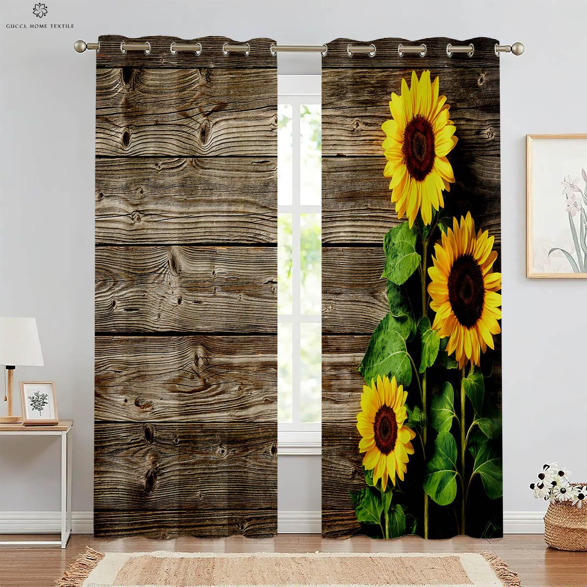 

2 шт. Деревянные шторы с принтом подсолнухов, карман для штанги, в стиле ретро, пасторальный, для спальни, гостиной, кухни, декоративные шторы W70xH100(CM)x2PCS&Grommet Top