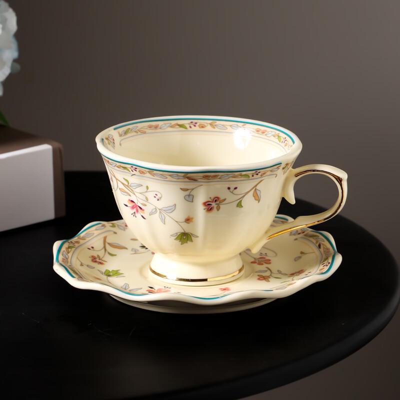 European Gold-Rimmed Floral Ceramic Coffee Cup and Saucer Set