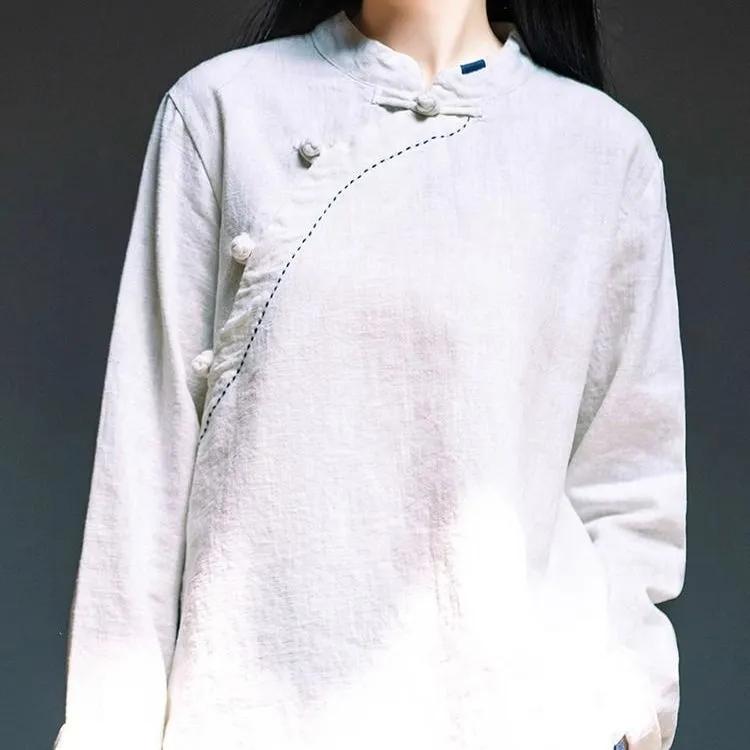 Camicia a Maniche Lunghe in Cotone e Lino Cinese Retrò Retrò Primavera e Autunno Ampia Collo Alto Abbottonata