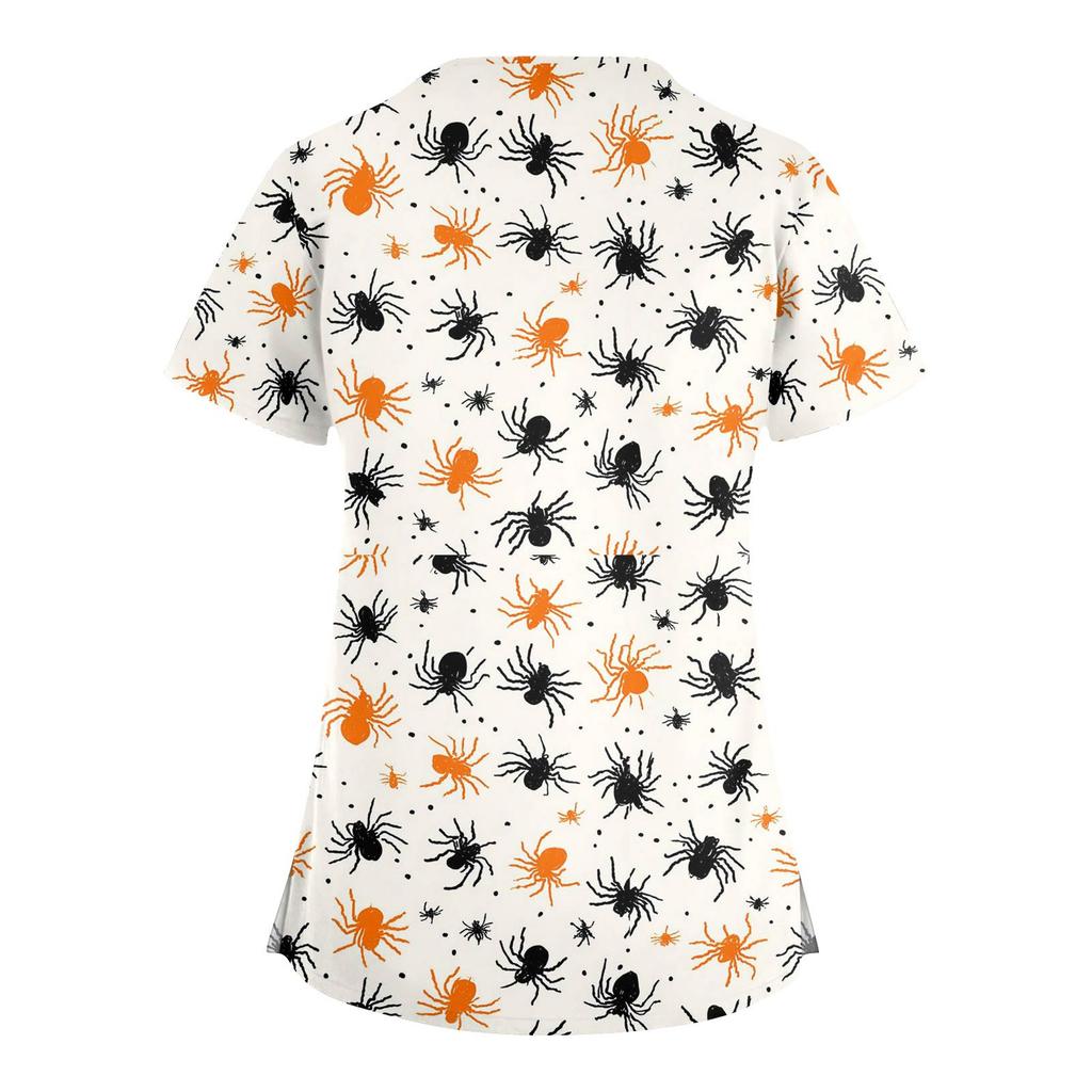 Women's Fashion V-Neck Short Sleeve Overalls With Pockets Halloween Printed Tops  Apparel