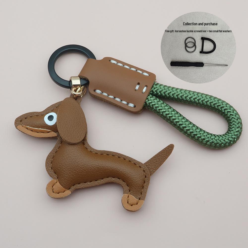Mini Dachshund Cowhide Keychain: High-Quality Anti-Lost Lanyard with Cute Doll Pendant