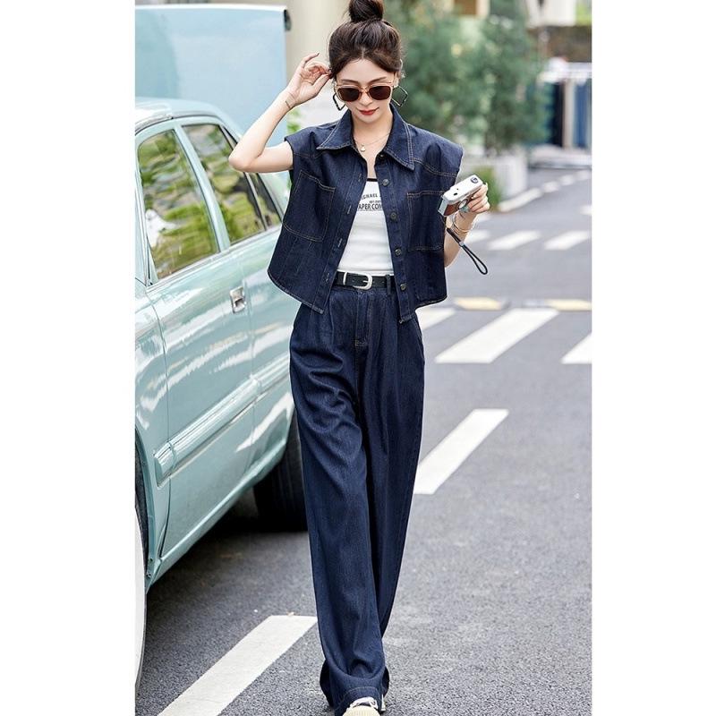 Women's 2024 Summer Hong Kong Style Denim Vest & Wide-Leg Pants Set