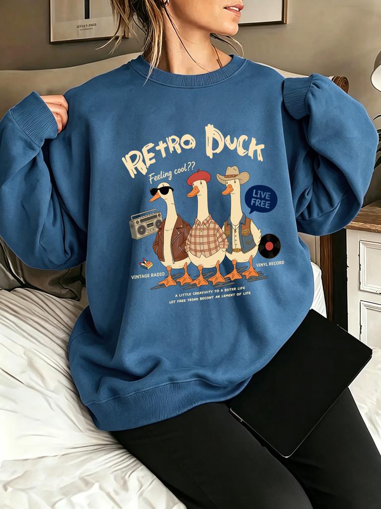 Retro Duck Feeling Cool Live Free Printed Pullovers Women Fleece Sportswear Autumn Crewneck Sweatshirt Y2K Loose Clothes