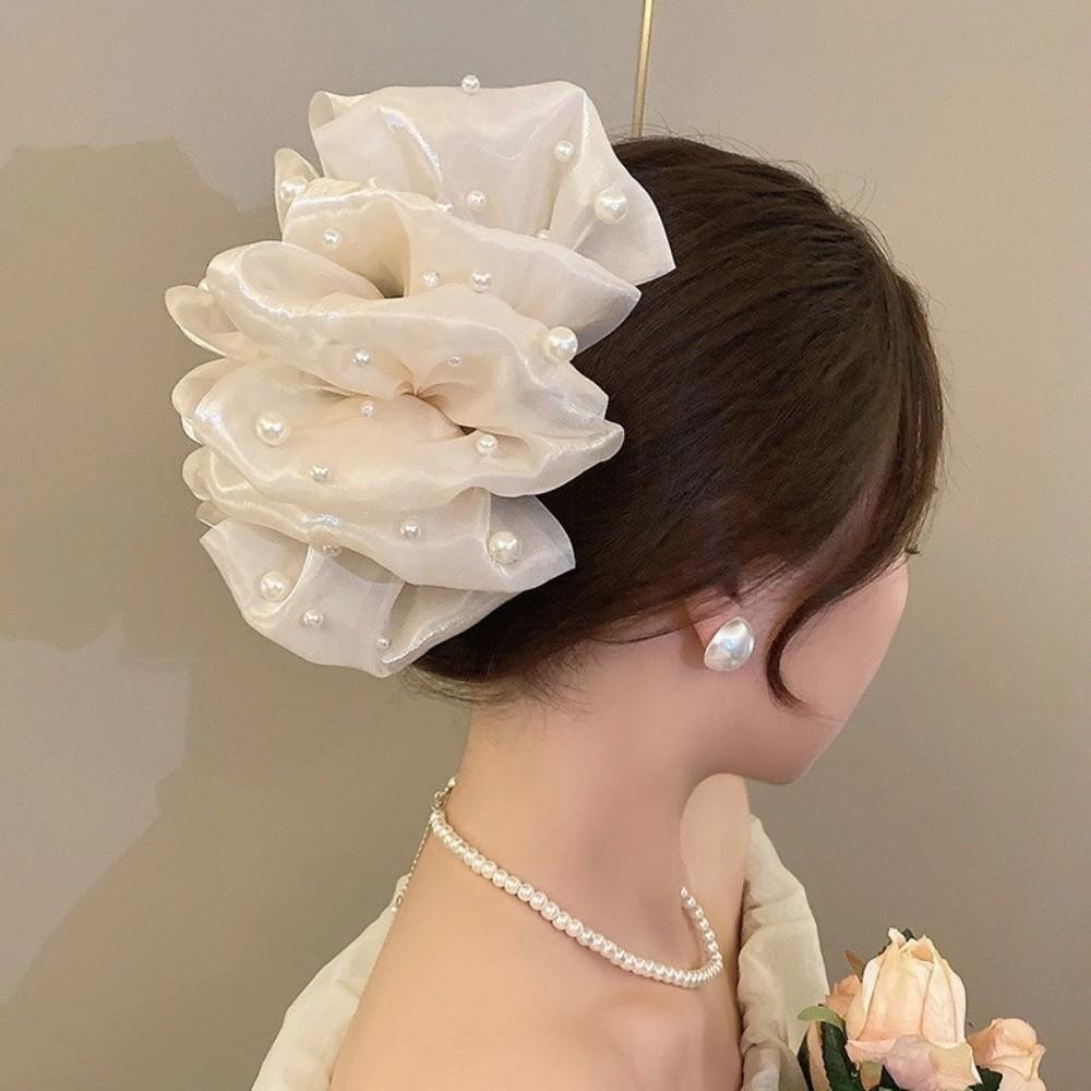 Large Bow Bow Hair Claw Bubble Mesh Pearl Shark Gripper Elegant Hair Clip Women