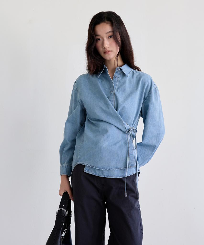 THEELO Strap Detail Denim Blouse (Light Denim)