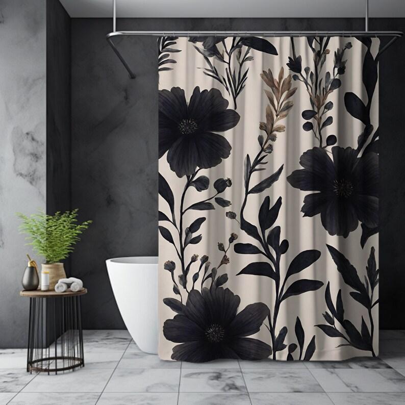 Gothic Floral Shower Curtain, Black Floral Shower Curtain, Black Wildflower, Vintage Gothic Shower Curtain, Spring