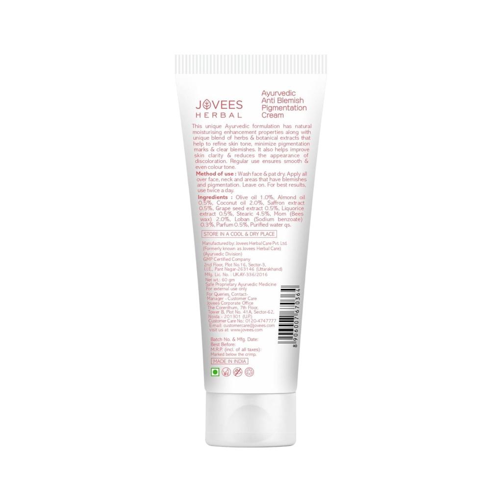 Jovees Herbal Anti Blemish Pigmentation Cream With Saffron Essence For Dark Spots Blemish Reduction Brightening And Even Skin Tone  60gm