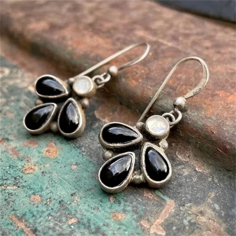 Bohemian Water Droplet Inlaid with Black Stones Earrings Vintage Silver Color Metal Dangle Earrings for Women Jewelry