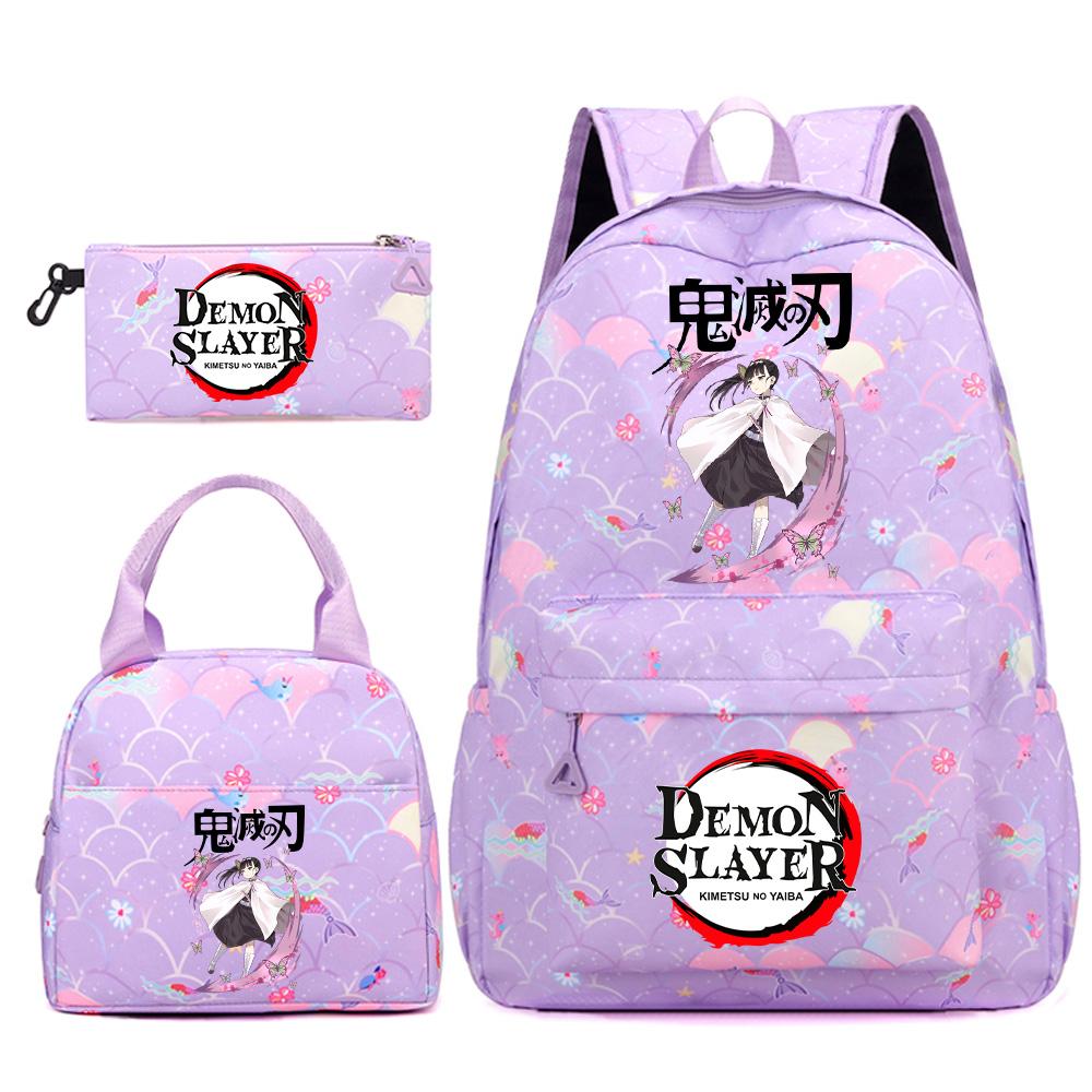 3Pcs/set Anime Demon Slayer Printed Backpack Handbag Pencil Case for Teenger Student Bookbag Women Large Capacity Waterproof Travel Bag Mochila