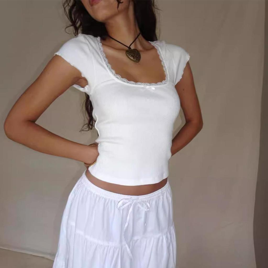 Y2k Vintage Baby Tee Cottage Krajka Tričko Pletené tričko Letní čtvercový výstřih Tričko s krátkým rukávem Ženy Bílá Dojička Crop Top