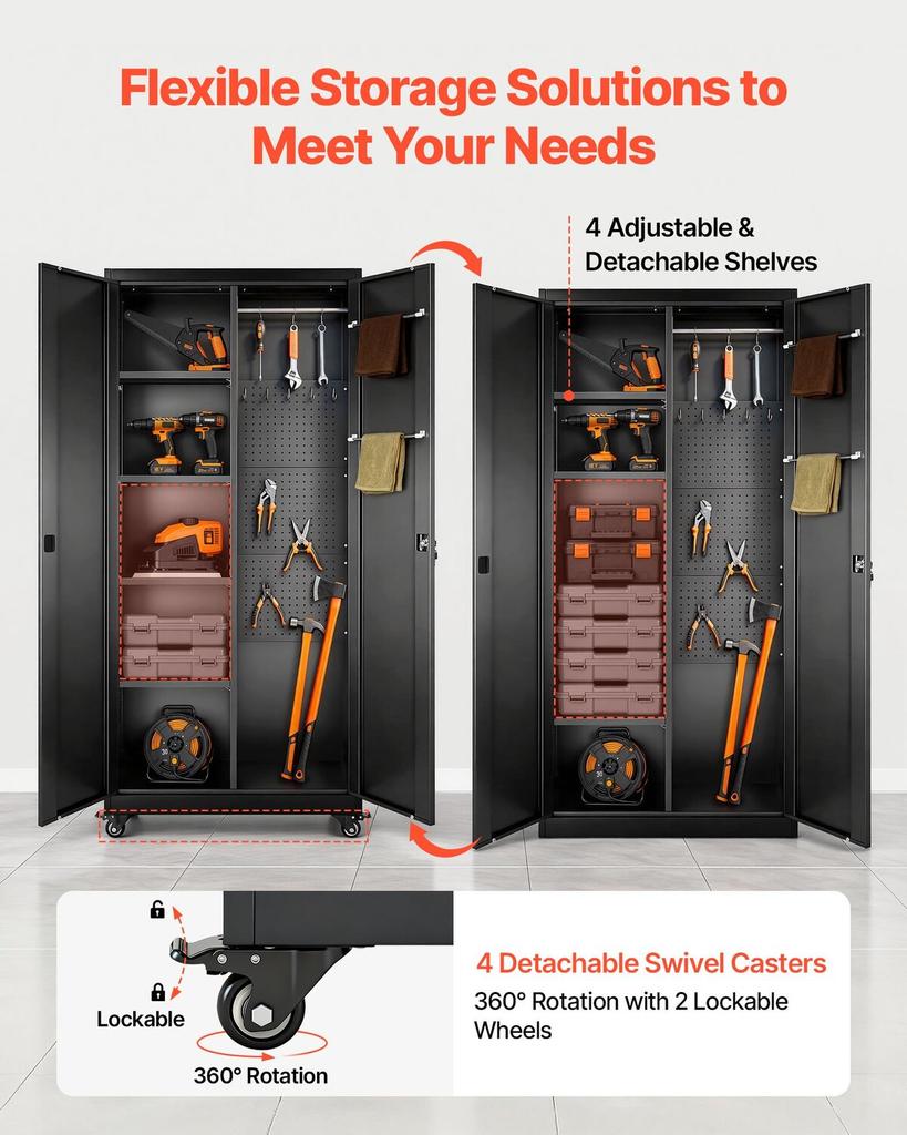 Metal Storage Cabinet, 179.5 cm Rolling Steel Garage Cabinet with Adjustable Shelves, 2 Magnetic Doors, Hanging Rod & 3 Rod Hooks, 5 Tiers Lockable