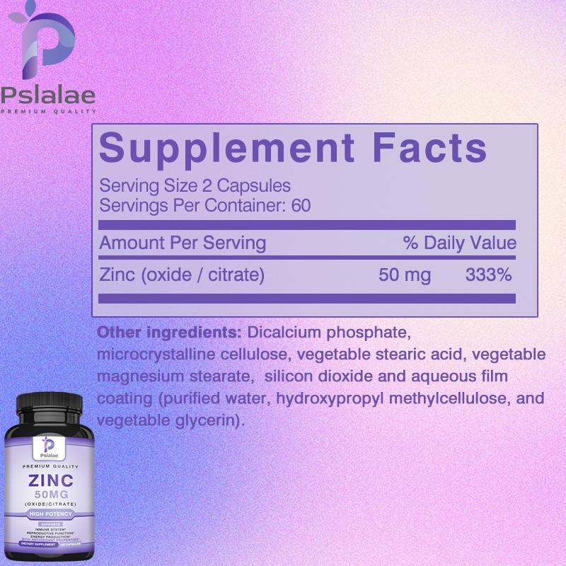 Pslalae Zinc Extract Capsules, 50 Mg Per Serving, High Purity, 120 Capsules, Suitable for Adults.