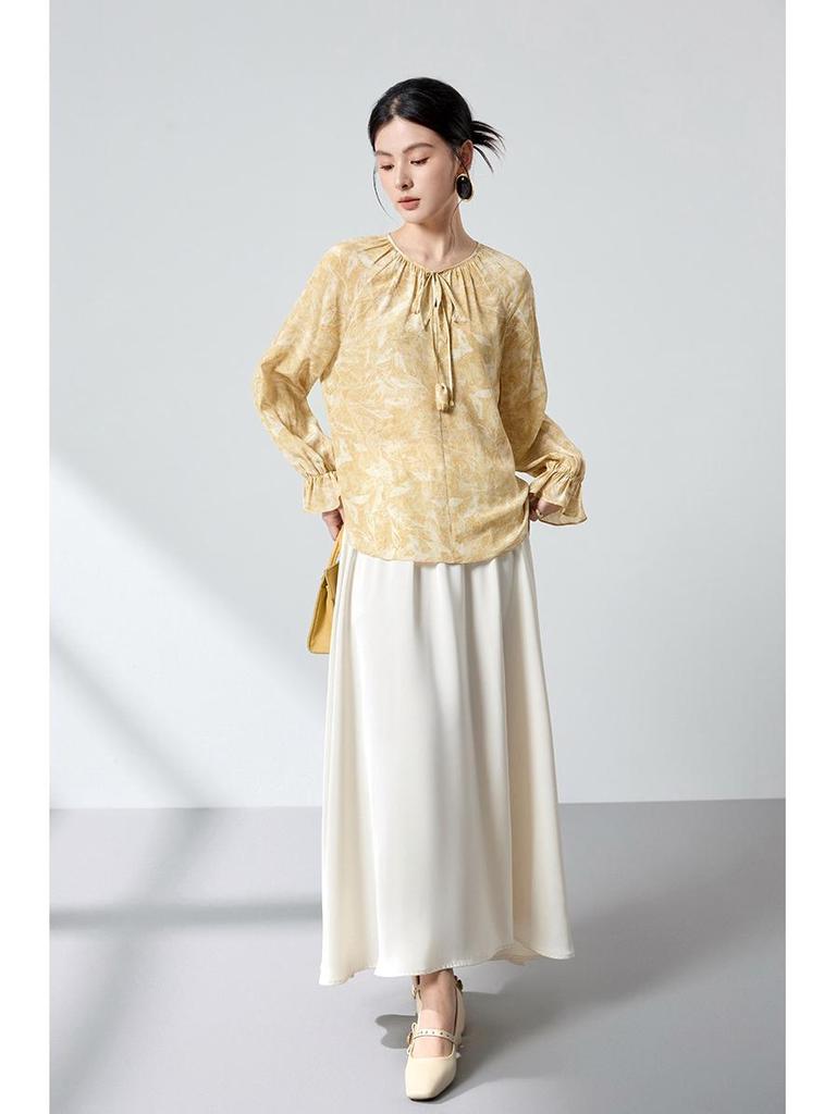 100% Mulberry Silk High-End Shirt, Spring Lantern Sleeves, Double Georgette Tie-Up Print, Women's Top