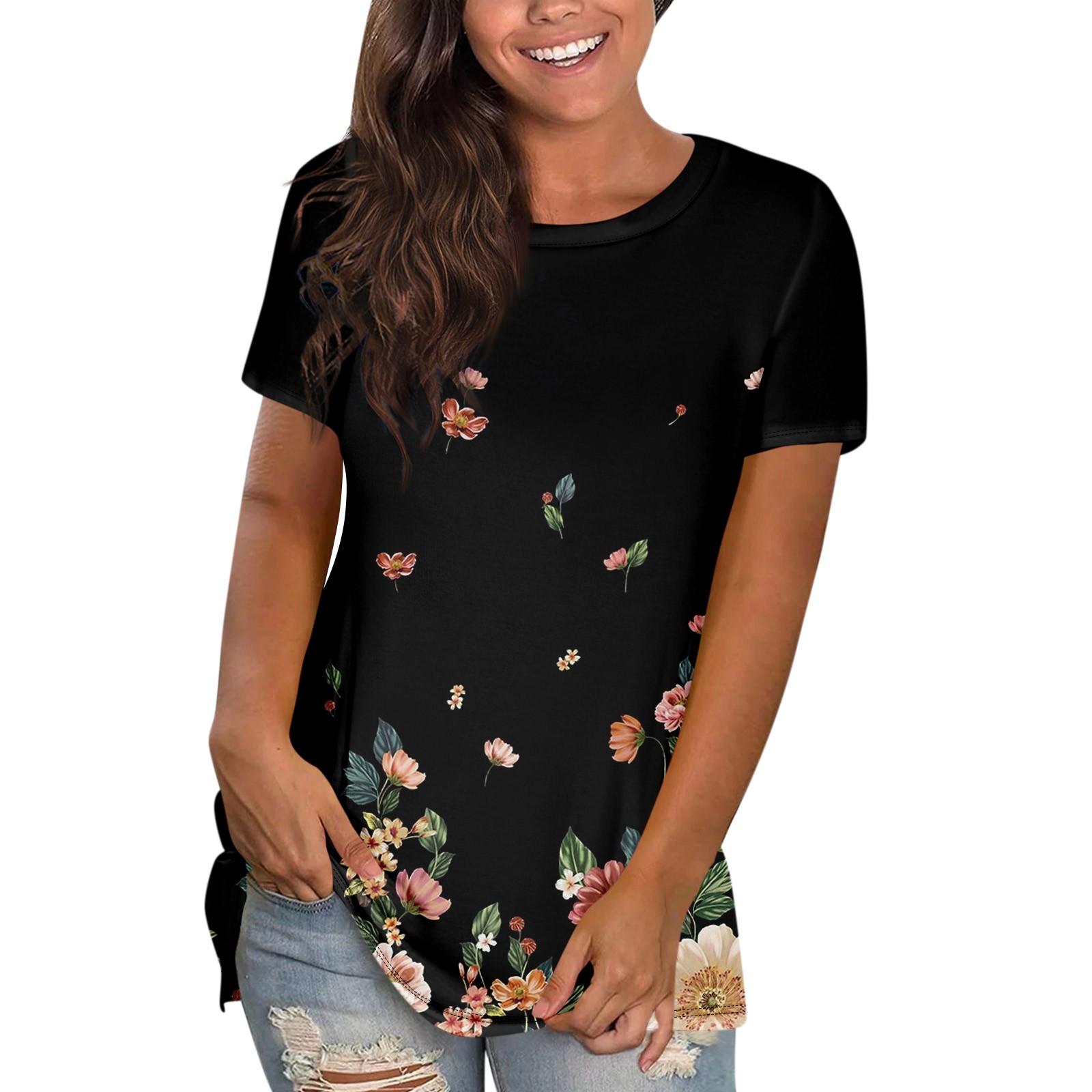 

Женская повседневная свободная футболка с принтом, пуловер с круглым вырезом, топ с короткими рукавами L чёрный