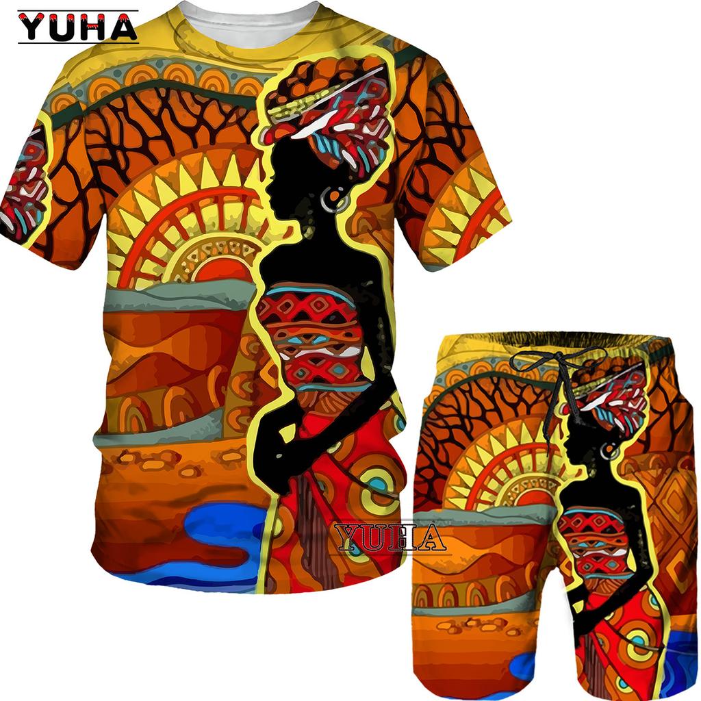 YUHA,Short Sleeve Plus Size Men Retro Ethnic Print Tracksuit Couple Dashiki Clothes Summer African Men's T Shirt Shorts Two Piec