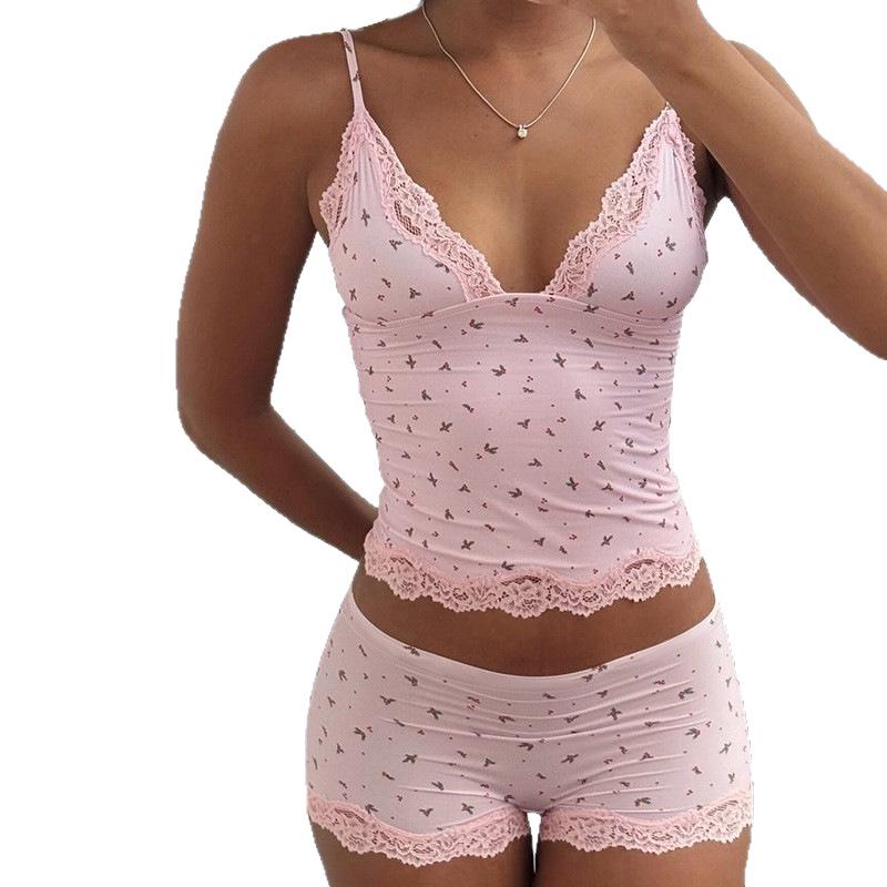 European & American Floral Lace Camisole and Shorts Pajama Set