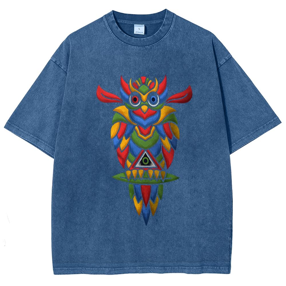 Cartoon Color Owl Print Ladies T-Shirt Loose Wash Oversized Crew Neck Short Sleeve Student Casual Simple Tee