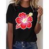 European Size Women's Pure T-Shirt with Hibiscus Flower Print - White Short Sleeve Round Neck Hawaiian Hibiscus Top, Pink & Red Tropical Leaf Design