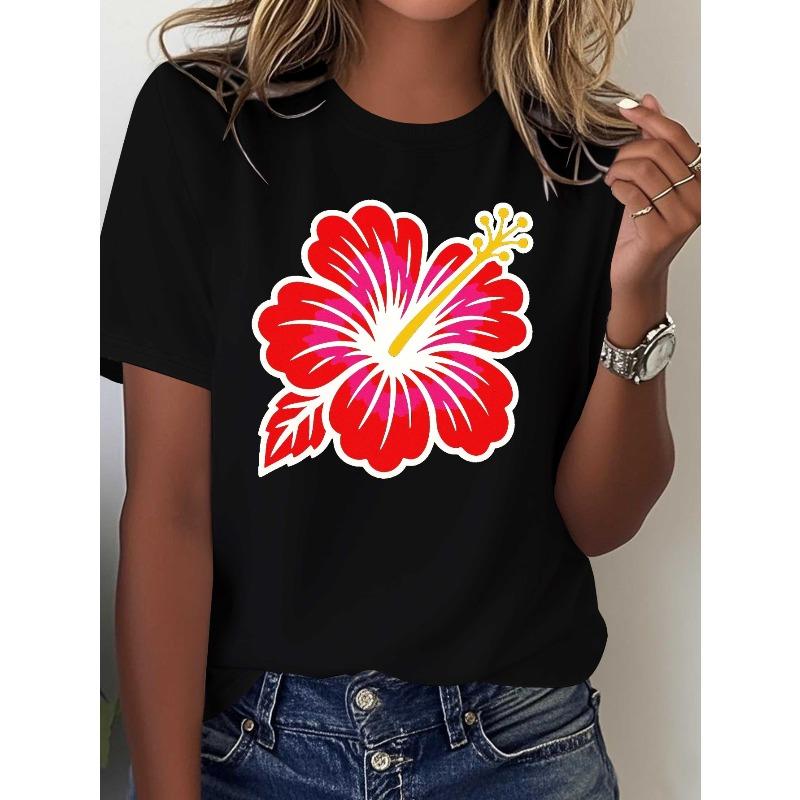 European Size Women's Pure T-Shirt with Hibiscus Flower Print - White Short Sleeve Round Neck Hawaiian Hibiscus Top, Pink & Red Tropical Leaf Design