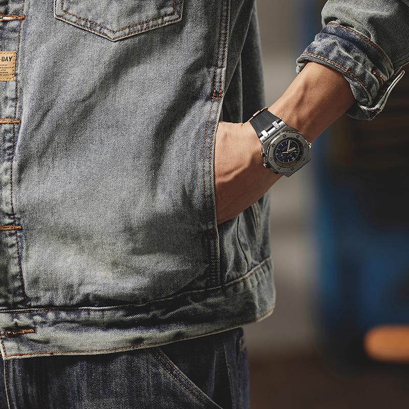 Xintang Men's Distressed Denim Jacket - Trendy Cool Loose Fit Workwear