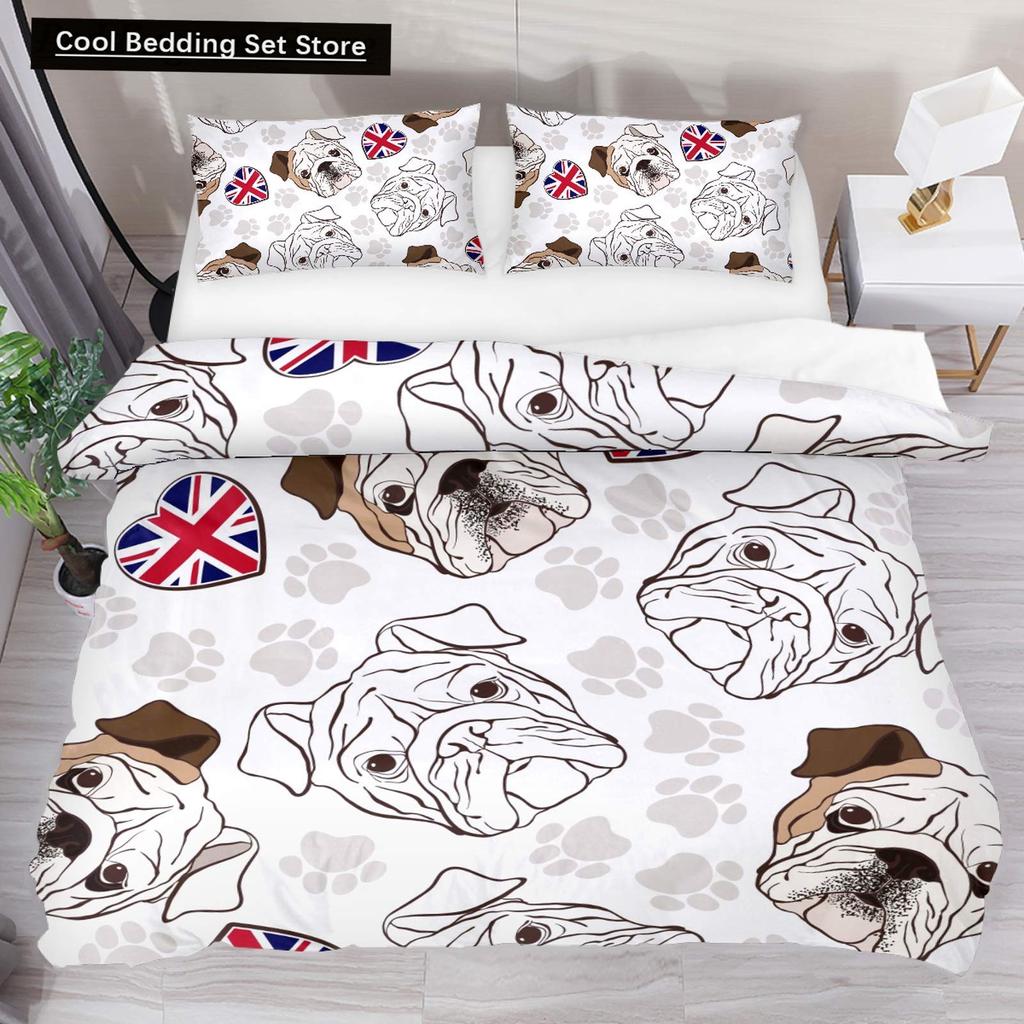 Cartoon Bulldog King Queen Duvet Cover Shar Pei Pup Dog Bedding Set Lovely Pet Puppy Doggy Quilt Cover Polyester Comforter Cover