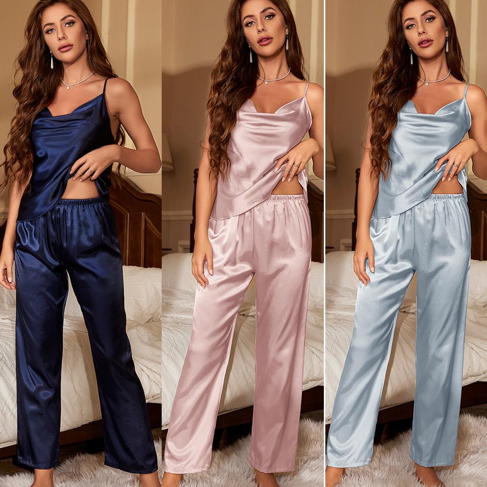 Ice Silk Pajamas Women's Casual Home Wear Fashion Sexy Sleep Trousers Suspenders Set